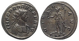 Probus (276-282). Radiate (24mm, 4.43g, 11h). Ticinum, AD 276. Radiate and cuirassed bust r. R/ Virtus standing l. holding Victory and spear; shield o...