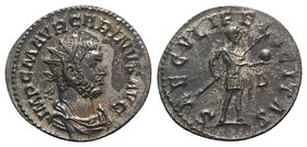 Carinus (283-285). Radiate (22mm, 3.06g, 6h). Lugdunum, 283-4. Radiate, draped and cuirassed bust r. R/ Prince standing l., holding spear and globe; D...