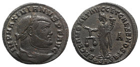 Maximianus (286-305). Æ Follis (28mm, 9.48g, 12h). Siscia, AD 302. Laureate head r. R/ Moneta standing facing, head l., holding scales and cornucopiae...