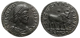 Julian II (360-363). Æ (28mm, 8.44g, 11h). Arelate, 361-3. Pearl-diademed, draped and cuirassed bust r. R/ Bull standing r.; two stars above, eagle wi...