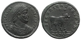 Julian II (360-363). Æ (29mm, 9.23g, 12h). Siscia. Diademed, draped and cuirassed bust r. R/ Bull standing r., two stars above; palm-BSIS-palm. RIC VI...