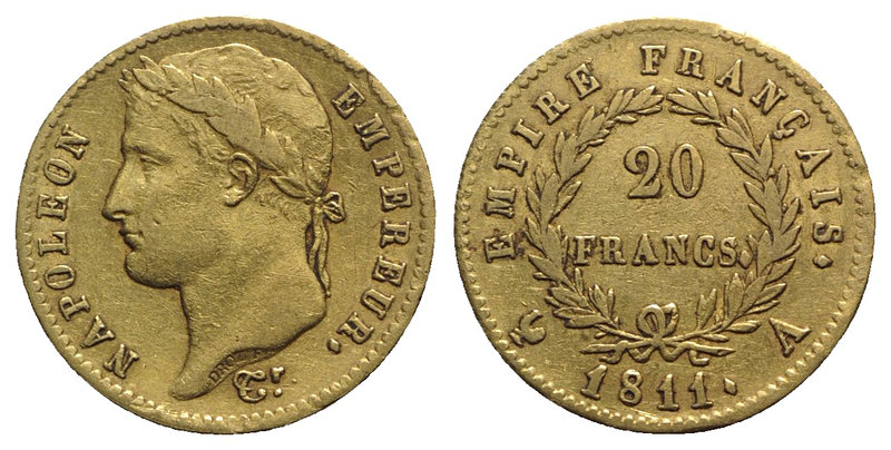 France, Napoleon Bonaparte (1804-1814). AV 20 Francs 1811 (21mm, 6.42g, 6h). Fri...