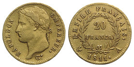 France, Napoleon Bonaparte (1804-1814). AV 20 Francs 1811 (21mm, 6.42g, 6h). Friedberg 511; Gadoury 1025. Near VF