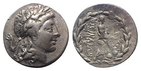Aeolis, Myrina, c. 155-145 BC. AR Drachm (17mm, 3.68g, 6h). Laureate head of Apollo r. R/ Apollo Grynios standing r., holding phiale and filleted laur...