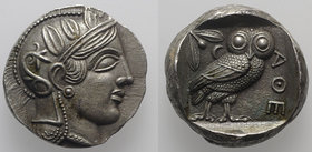 Athens, c. 337-294 BC. Fake Tetradrachm (25mm, 16.71g, 12h). Head of Athena r., wearing crested Attic helmet. R/ Owl standing r.; olive sprig and cres...