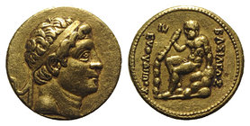 Baktria, Euthydemos I Theos Megas (c. 225-200/195 BC). Fake AV Stater (17mm, 8.45g, 12h). Mint B. Diademed head r. R/ Herakles seated l. on rock, hold...
