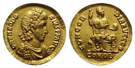 Theodosius I (379-395). Fake AV Solidus (19mm, 4.33g, 12h). Constantinople, 380-381. Laurel-and-rosette diademed, draped and cuirassed bust r. R/ Cons...