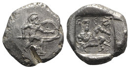 Pamphylia, Aspendos, c. 465-430 BC. AR Stater (22mm, 10.81g, 1h). Hoplite advancing r., holding spear and shield; turtle between legs. R/ Triskeles ov...