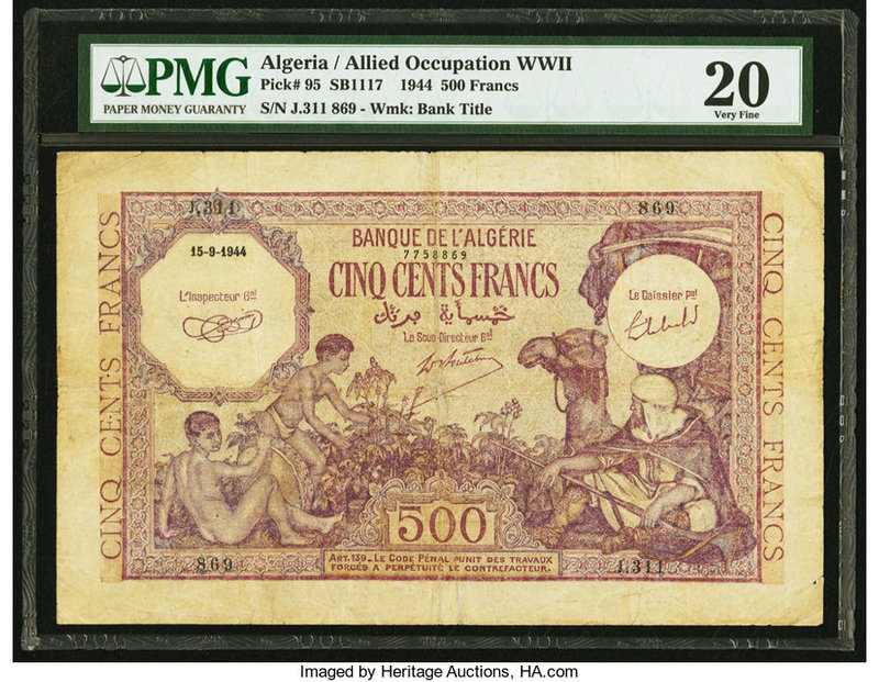 Algeria Banque de l'Algerie 500 Francs 15.9.1944 Pick 95 PMG Very Fine 20. Minor...