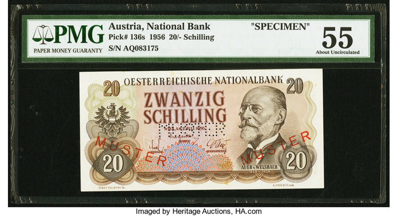 Austria Austrian National Bank 20 Schilling 1956 Pick 136s PMG About Uncirculate...