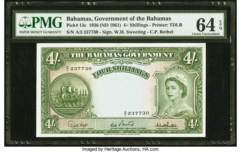 Bahamas Bahamas Government 4 Shillings 1936 (ND 1961) Pick 13c PMG Choice Uncirc...