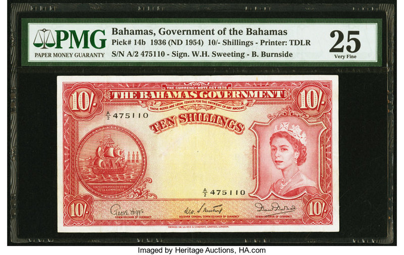 Bahamas Bahamas Government 10 Shillings 1936 (ND 1954) Pick 14b PMG Very Fine 25...