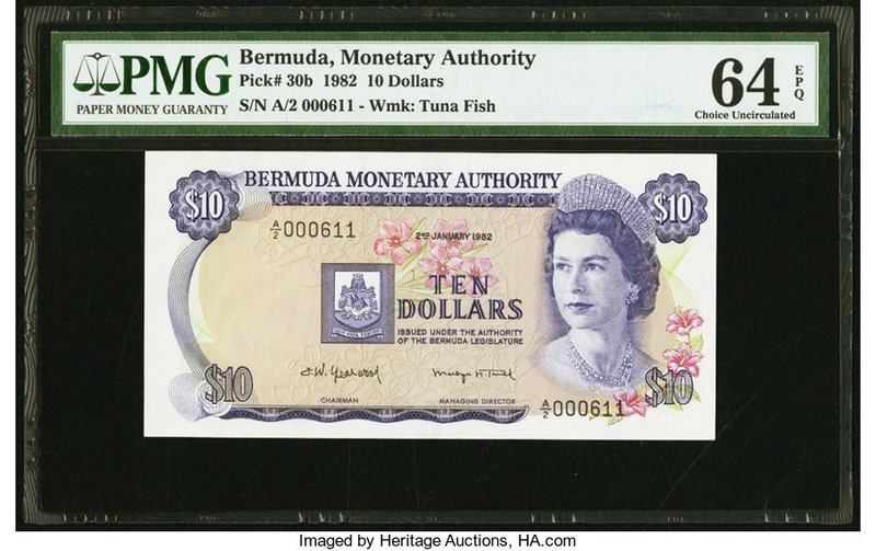 Bermuda Monetary Authority 10 Dollars 2.1.1982 Pick 30b PMG Choice Uncirculated ...