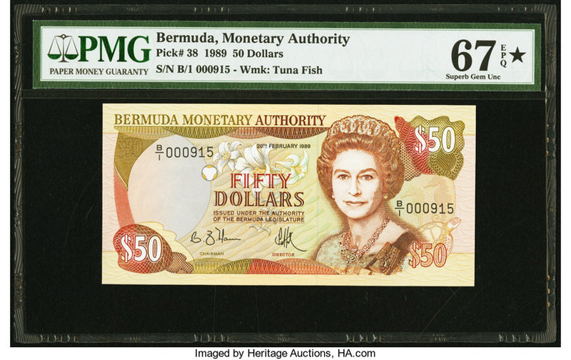 Bermuda Monetary Authority 50 Dollars 20.1.1989 Pick 38 PMG Superb Gem Unc 67 EP...