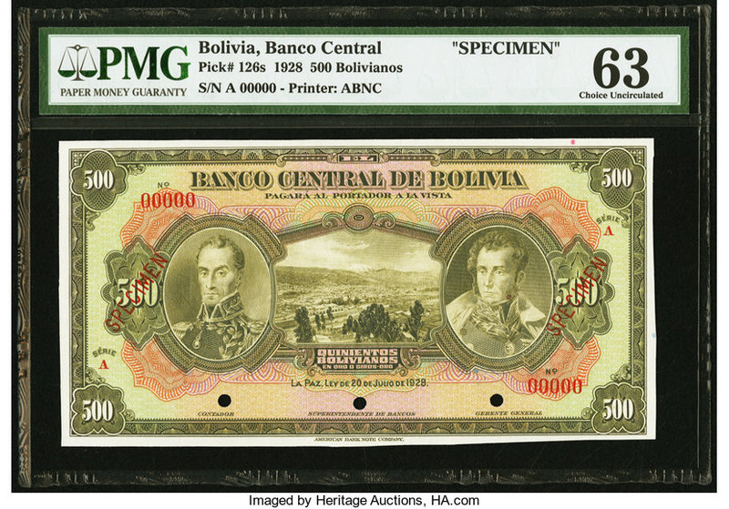 Bolivia Banco Central 500 Bolivianos 20.7.1928 Pick 126s Specimen PMG Choice Unc...