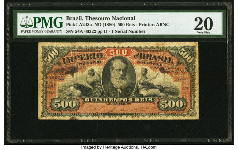 Brazil Thesouro Nacional 500 Reis ND (1880) Pick A243a PMG Very Fine 20. Ink.

H...