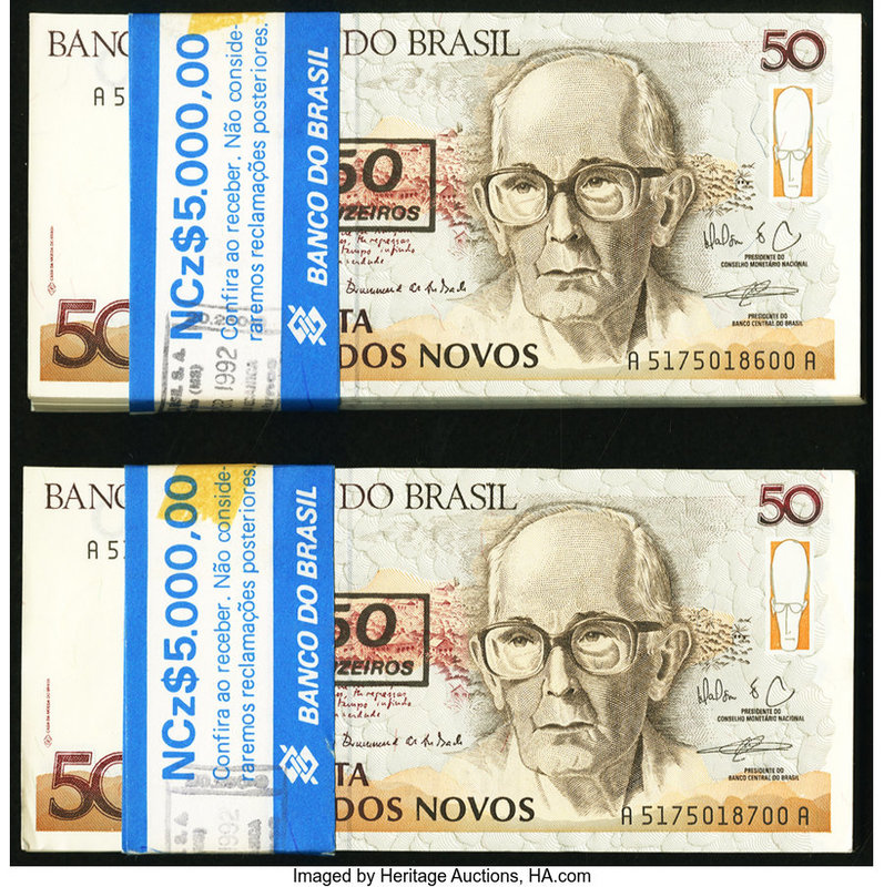 Brazil Banco Central Do Brasil 50 Cruzeiros on 50 Cruzados Novos ND (1990) Pick ...