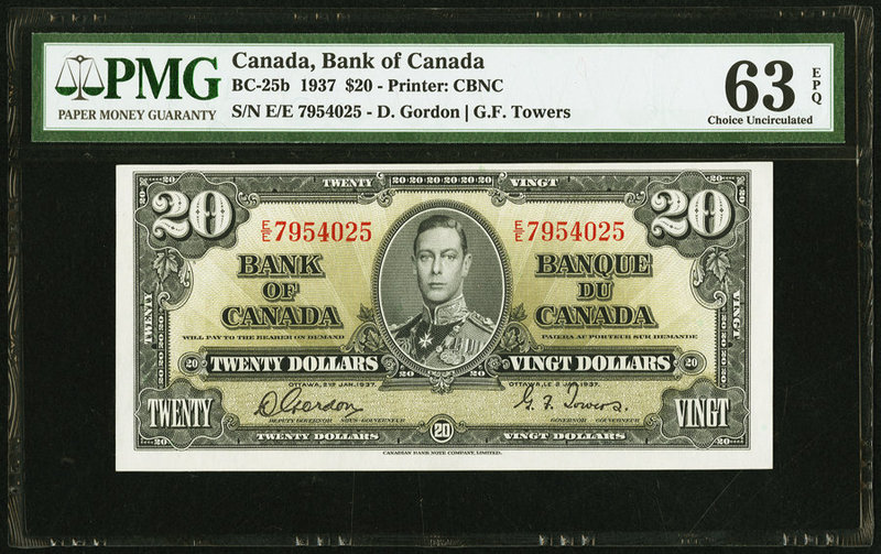 Canada Bank of Canada $20 2.1.1937 BC-25b PMG Choice Uncirculated 63 EPQ. 

HID0...