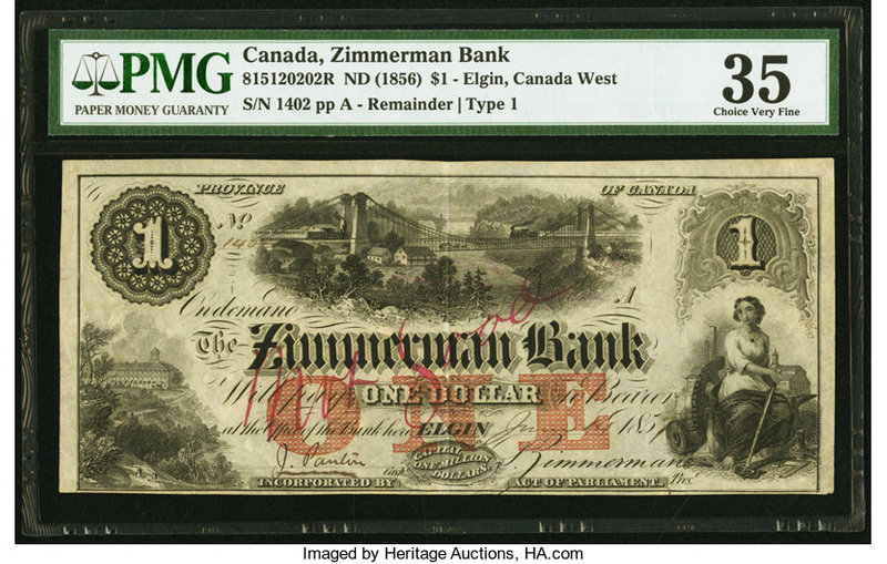 Canada Elgin, CW- Zimmerman Bank $1 ND (1856) Ch.# 815-12-02-02R Remainder PMG C...