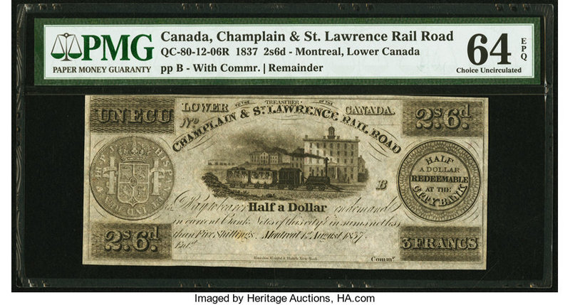 Canada Montreal, LC- Champlain & St. Lawrence Rail Road 2s 6d (3 Francs/1 Ecu) 1...