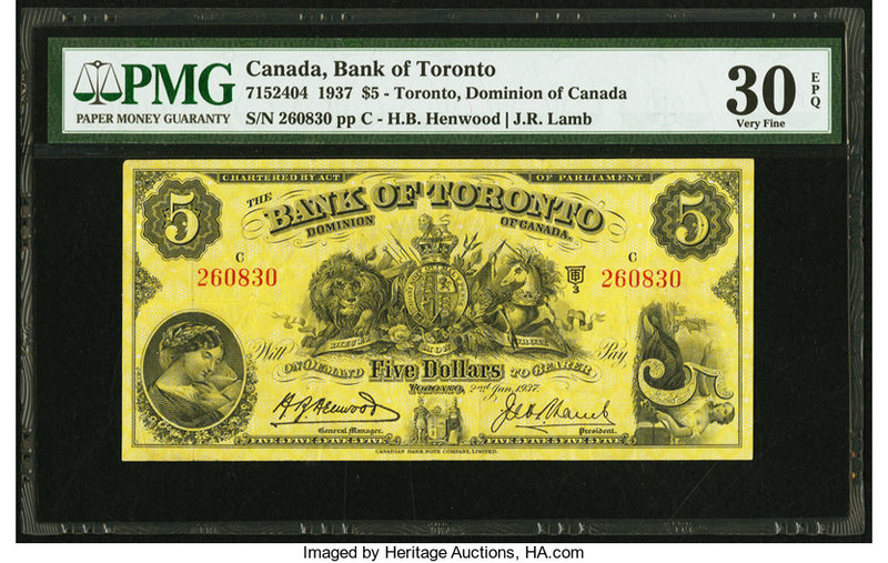 Canada Toronto, ON- Bank of Toronto $5 2.1.1937 Ch.# 715-24-04 PMG Very Fine 30 ...