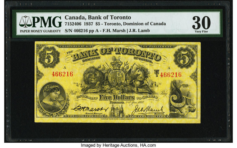 Canada Toronto, ON- Dominion of Canada $5 2.1.1937 Ch.# 715-24-06 PMG Very Fine ...