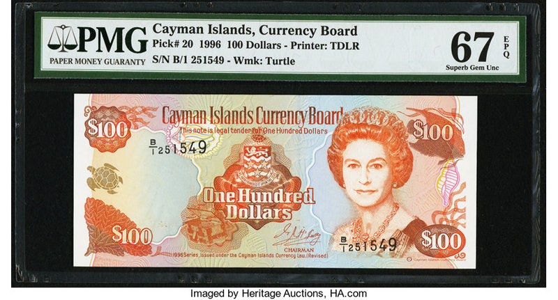 Cayman Islands Currency Board 100 Dollars 1996 Pick 20 PMG Superb Gem Unc 67 EPQ...