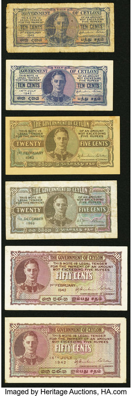 A Half Dozen King George VI Small Change Notes from Ceylon Government of Ceylon ...