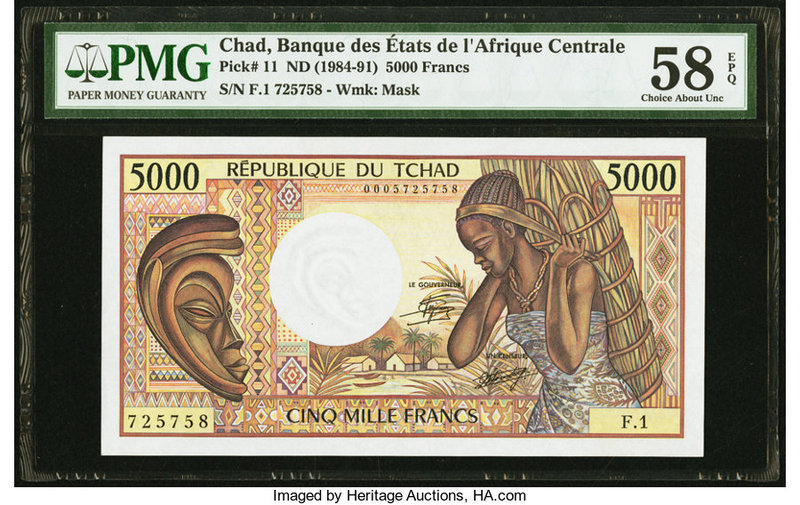 Chad Banque Des Etats De L'Afrique Centrale 5000 Francs ND (1984-91) Pick 11 PMG...