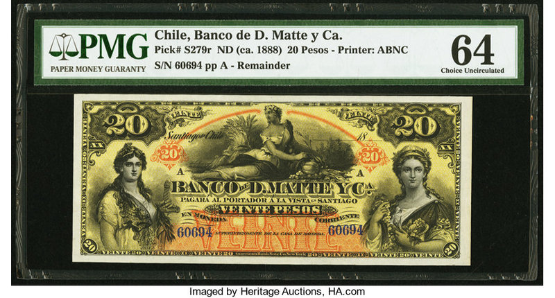 Chile Banco de D. Matte y Ca. 20 Pesos ND (ca. 1888) Pick S279r Remainder PMG Ch...