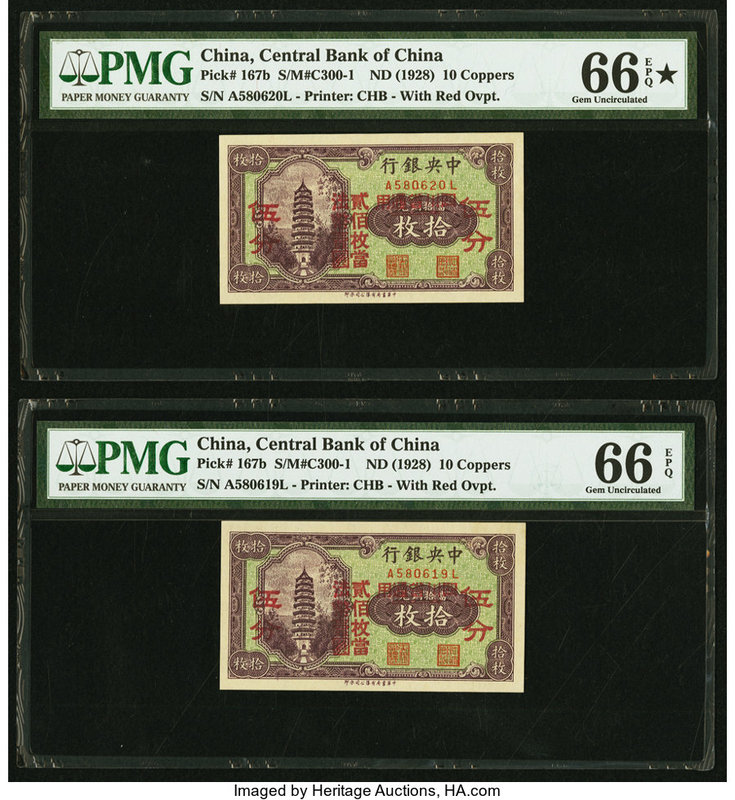China Central Bank of China 10 Coppers ND (1928) Pick 167b S/M#C300-1 Two Consec...
