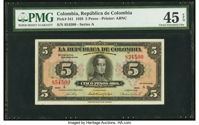 Colombia Banco de la Republica 5 Pesos Oro 20.3.1938 Pick 341 PMG Choice Extreme...