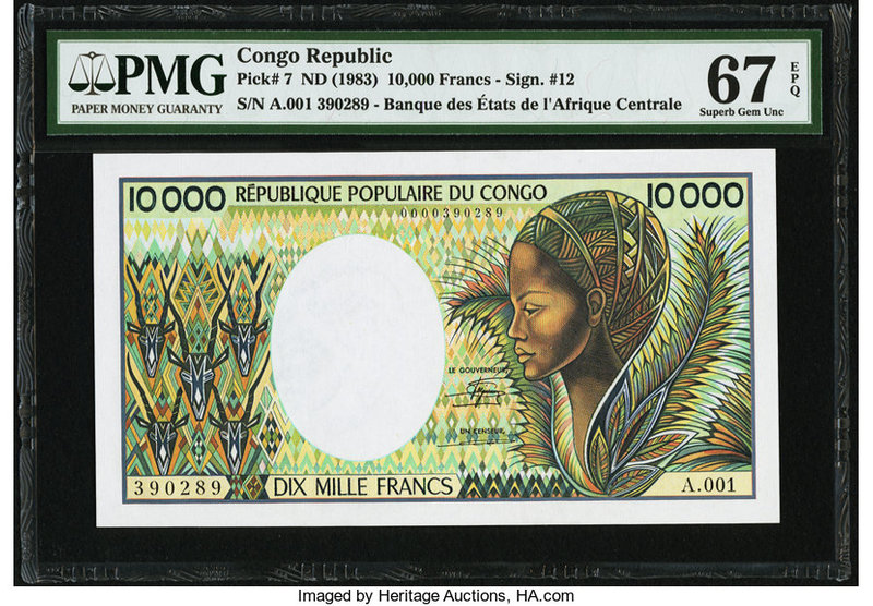Congo Republique Populaire du Congo 10,000 Francs ND (1983) Pick 7 PMG Superb Ge...