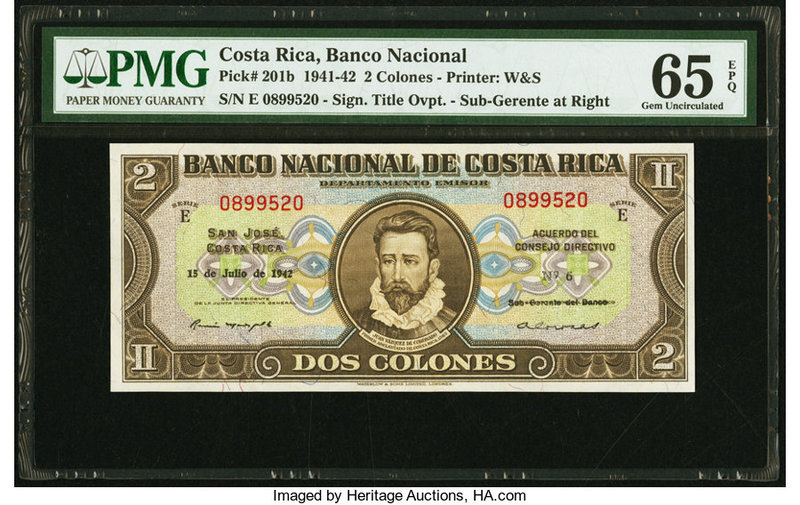 Costa Rica Banco Nacional 2 Colones 15.7.1942 Pick 201b PMG Gem Uncirculated 65 ...