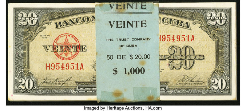 Cuba Banco Nacional de Cuba 20 Pesos 1958 Pick 80b 50 Consecutive Examples Crisp...