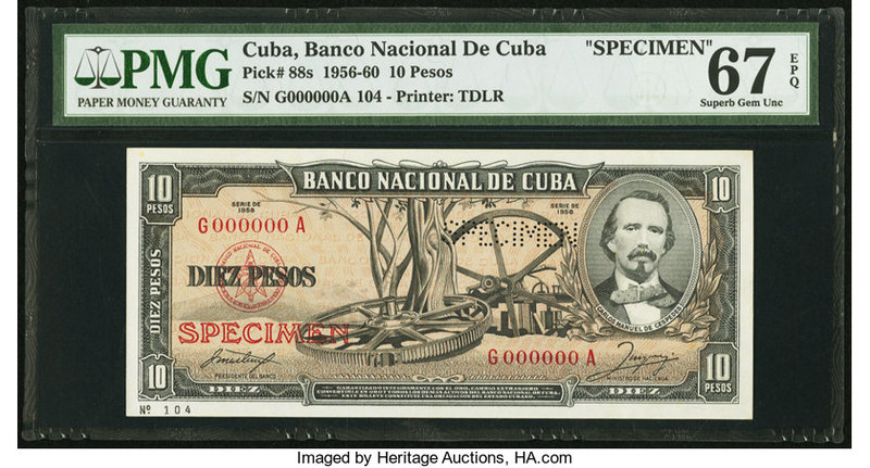 Cuba Banco Nacional de Cuba 10 Pesos 1958 Pick 88s Specimen PMG Superb Gem Unc 6...