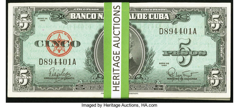 Cuba Banco Nacional de Cuba 5 Pesos 1960 Pick 92a 60 Examples Choice Crisp Uncir...