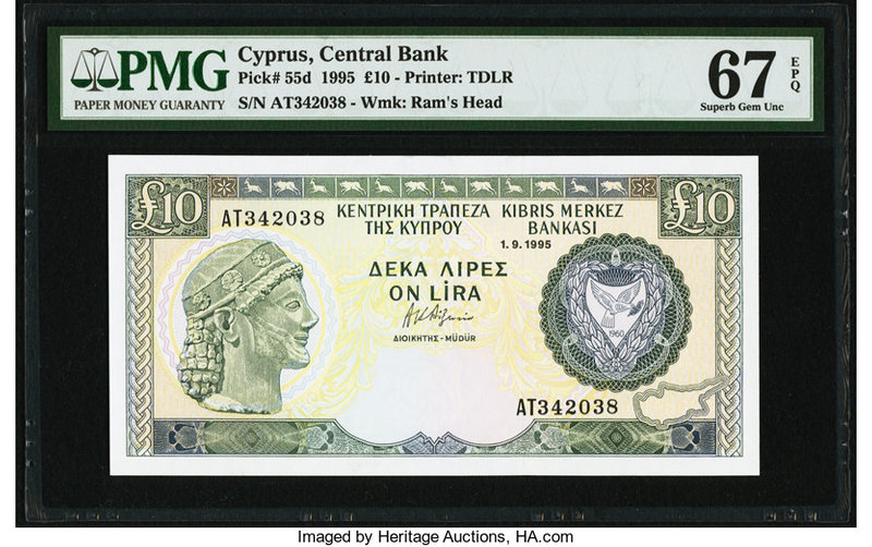 Cyprus Central Bank of Cyprus 10 Pounds 1.9.1995 Pick 55d PMG Superb Gem Unc 67 ...