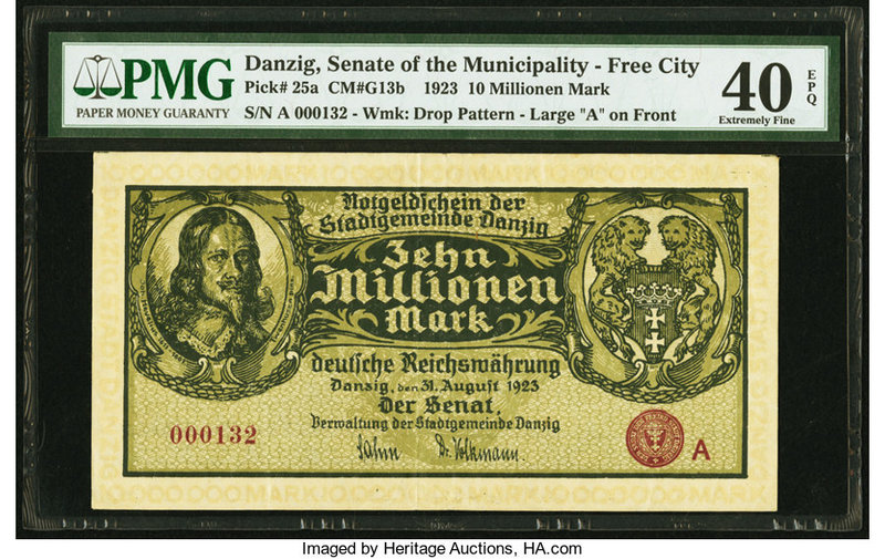Danzig Senate of the Municipality 10 Millionen Mark 31.8.1923 Pick 25a PMG Extre...