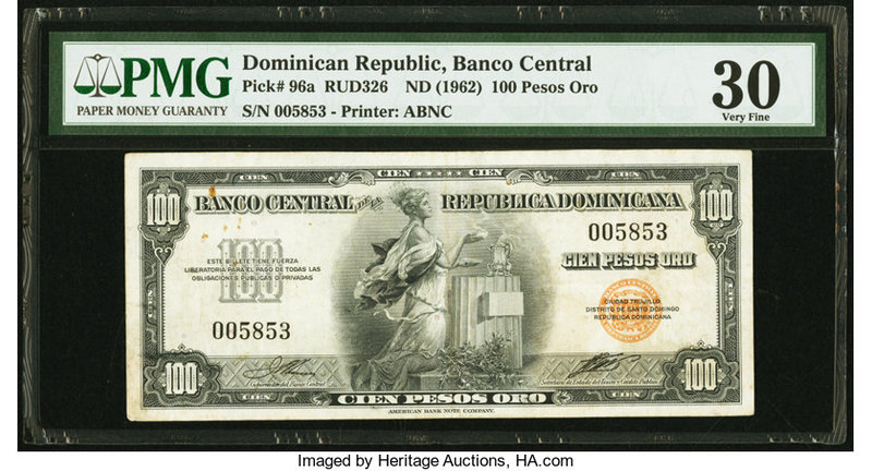 Dominican Republic Banco Central 100 Pesos Oro ND (1962) Pick 96a PMG Very Fine ...