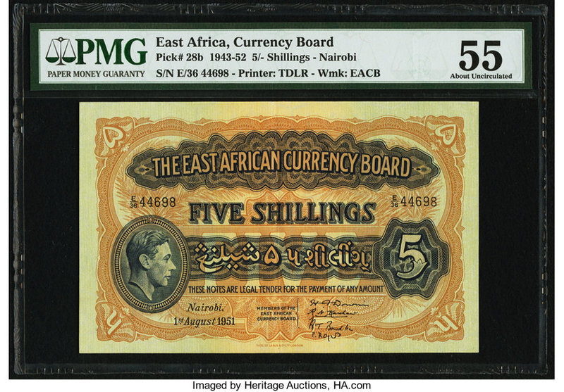 East Africa East African Currency Board 5 Shillings 1.8.1951 Pick 28b PMG About ...