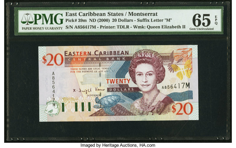 East Caribbean States Central Bank, Montserrat 20 Dollars ND (2000) Pick 39m PMG...