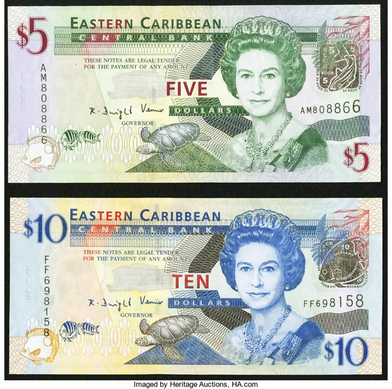 East Caribbean States Central Bank 5; 10 Dollars ND (2003) Pick 42a; 43f Two Exa...