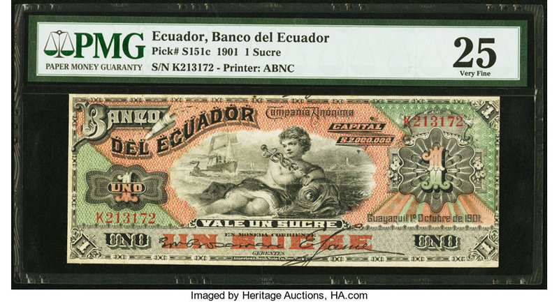Ecuador Banco Central del Ecuador 1 Sucre 1.10.1901 Pick S151c PMG Very Fine 25....