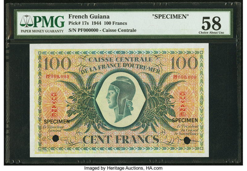 French Guiana Caisse Centrale de la France d'Outre-Mer 100 Francs 1944 Pick 17s ...