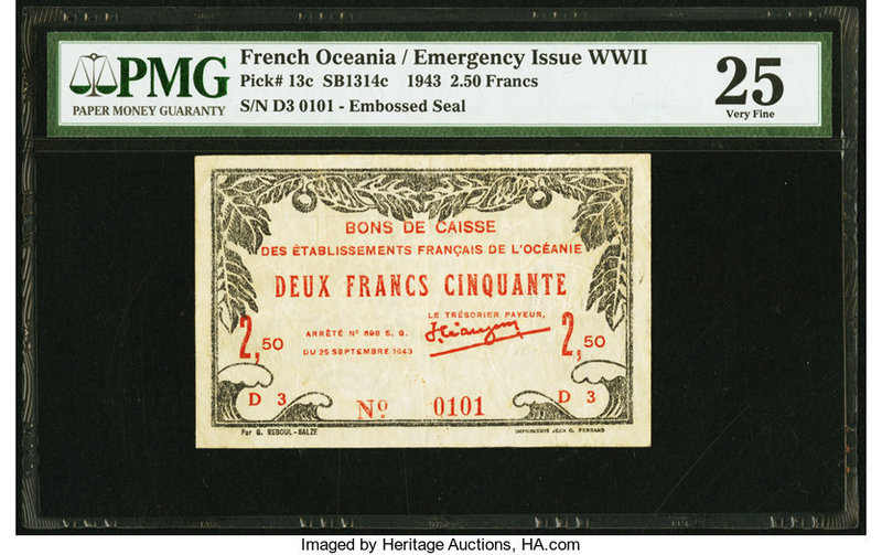 French Oceania Bons de Caisse 2.50 Francs 25.9.1943 Pick 13c PMG Very Fine 25. 
...