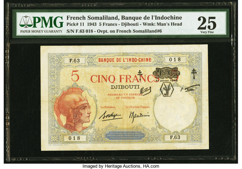 French Somaliland Banque de l'Indochine, Djibouti 5 Francs 1.1.1943 Pick 11 PMG ...