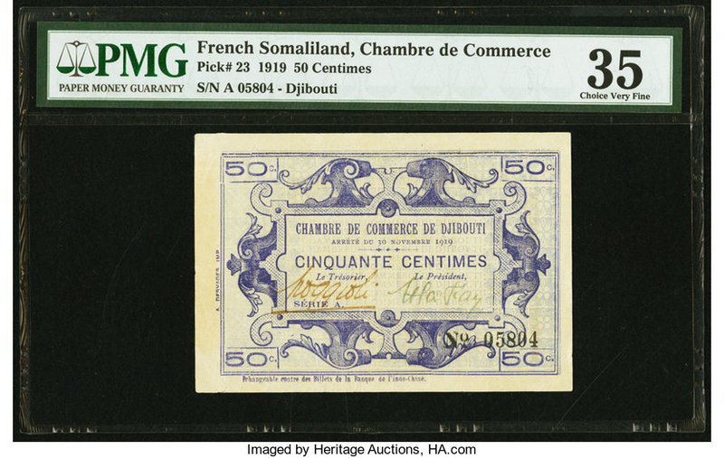 French Somaliland Chambre de Commerce 50 Centimes 30.11.1919 Pick 23 PMG Choice ...