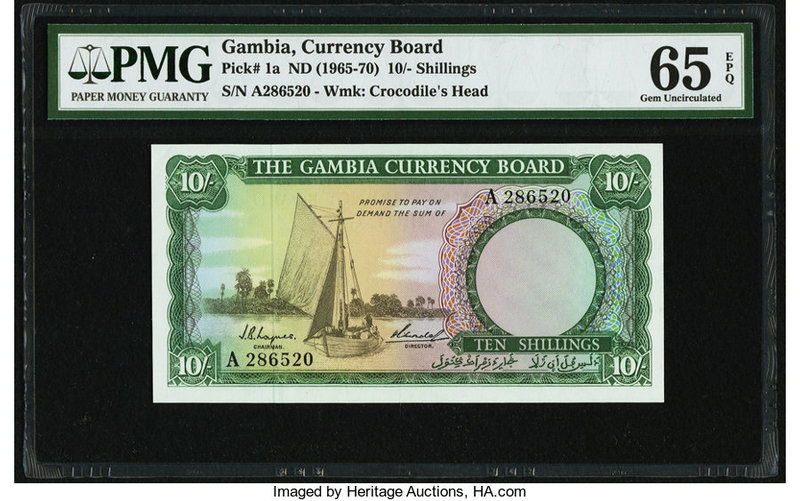 Gambia Gambia Currency Board 10 Shillings ND (1965-70) Pick 1a PMG Gem Uncircula...