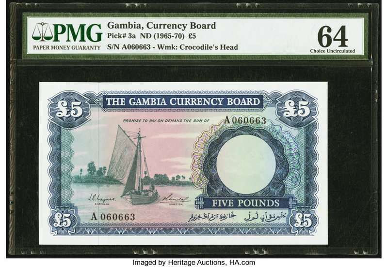 Gambia Gambia Currency Board 5 Pounds ND (1965-70) Pick 3a PMG Choice Uncirculat...